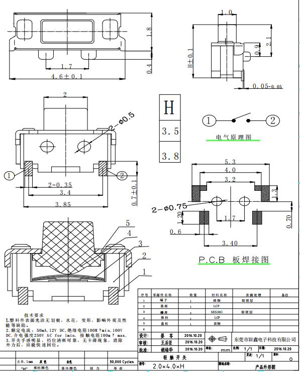 2X4輕觸開關250gf規(guī)格書